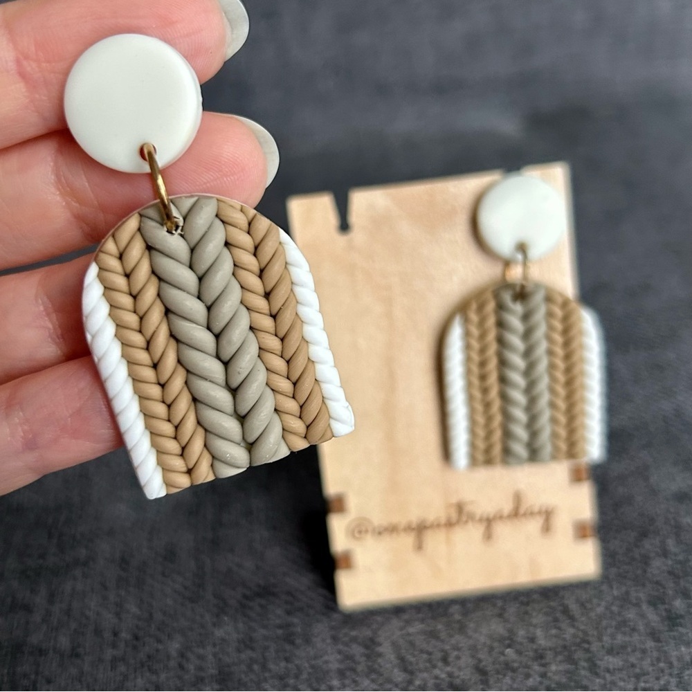 Fun, Cable Knit Sweater Pattern Clay Drop Dangle Earrings, White, Tan - Picture 3 of 16